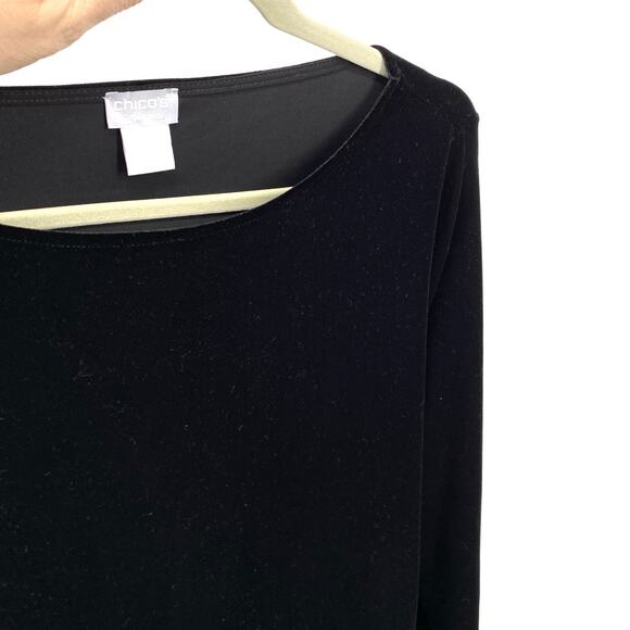 Chicos 2 Velvet Tunic Size Large Black Boat neck Chiffon Hem Travelers Lagenlook - Picture 2 of 8